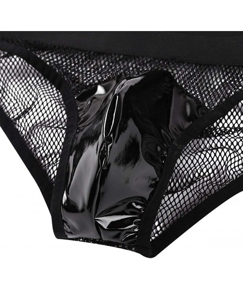 Briefs Men's Wet Look Fishnet Splice Bikini Briefs Low Rise Leather Panties Underwear - CT19CSCCREI