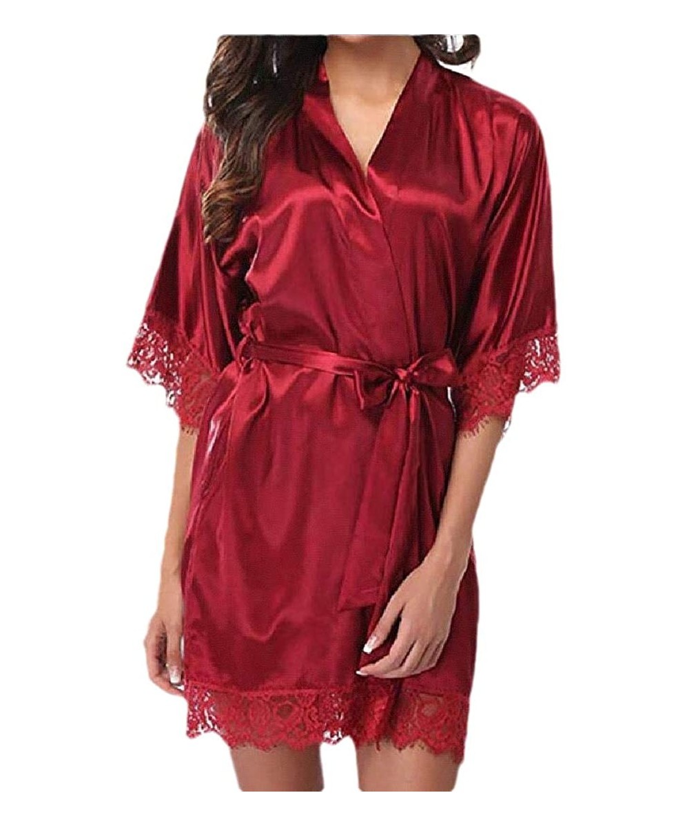 Robes Womens Pure Color Short Satin Kimono Robes with Oblique V-Neck Bridesmaid Wedding Party Dressing Gown - 10 - C6198GZCS3M