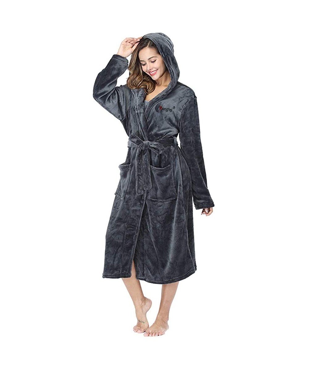 Robes Fleece Womens Robe Lightweight Soft Plush Warm Bathrobes with Hood - Dark Gray - CI18TO4OS7A