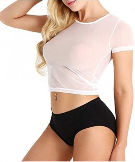 Garters & Garter Belts Women's Lingerie Sheer Mesh See-Through Short Sleeve Crop Tops Bodysuit Casual T Shirt - White - C5193...