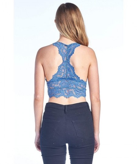 Bras V Neck Front T-Back Scalloped Allover Lace Bralette Top - Denim Blue - C618D69KXC5