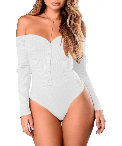 Shapewear Womens Love Bodysuit Cute Off Shoulder Long Sleeve Bodysuit Button Up Leotard Jumpsuits Dark Green M - White - CF18...