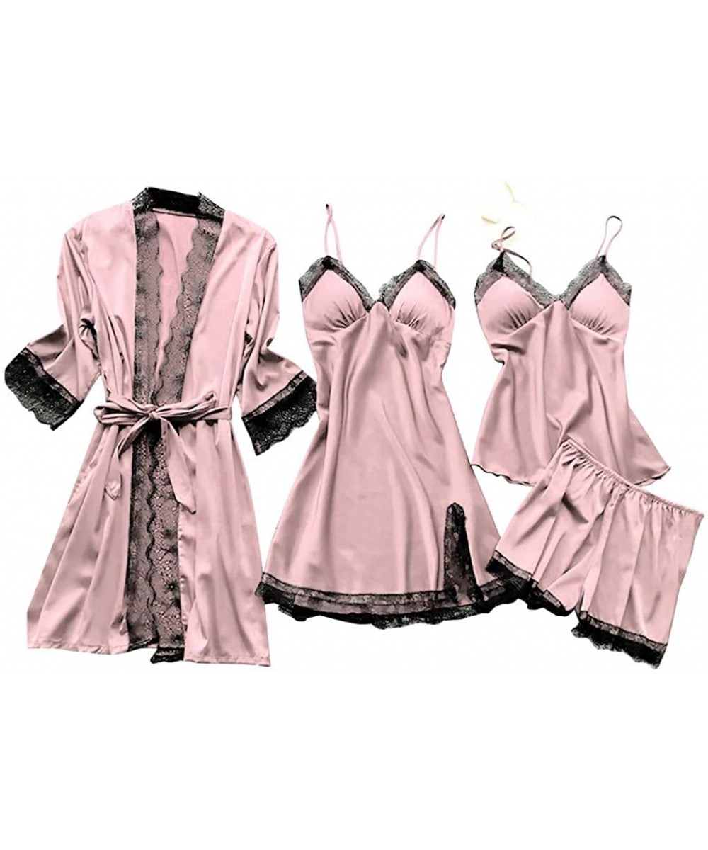 Nightgowns & Sleepshirts 4Pcs Sexy Pajamas for Women Silky Sets Silk Satins Lace Sleepwear Black Strap Dress Robe Shorts & Pa...