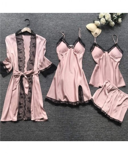 Nightgowns & Sleepshirts 4Pcs Sexy Pajamas for Women Silky Sets Silk Satins Lace Sleepwear Black Strap Dress Robe Shorts & Pa...