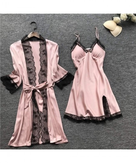 Nightgowns & Sleepshirts 4Pcs Sexy Pajamas for Women Silky Sets Silk Satins Lace Sleepwear Black Strap Dress Robe Shorts & Pa...