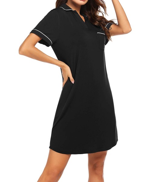 Nightgowns & Sleepshirts Women's Nightgown V Neck Short Sleeve Sleep Nightshirt Loungewear Button Down Pajama Dress - B-black...