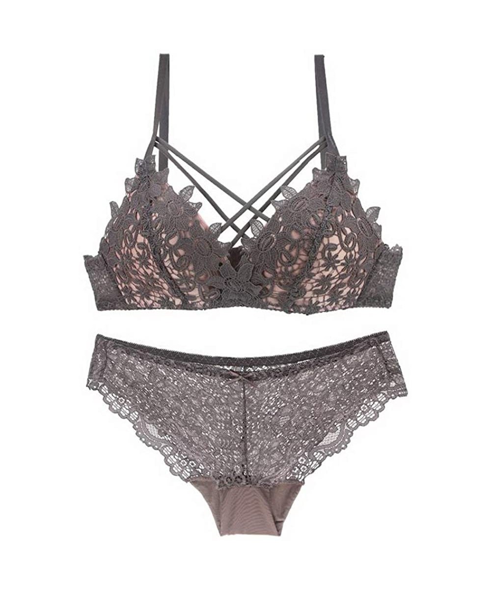 Bras Push Up Bra Set Lace Underwear Women Embroidery Floral Lacy Brassieres - Gray - C518W8TZWM5