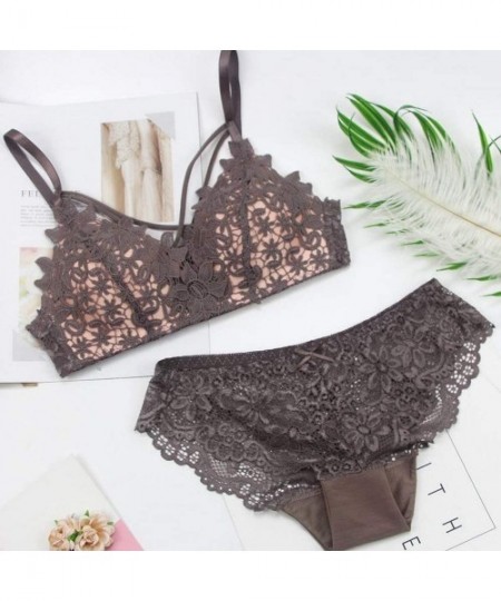 Bras Push Up Bra Set Lace Underwear Women Embroidery Floral Lacy Brassieres - Gray - C518W8TZWM5