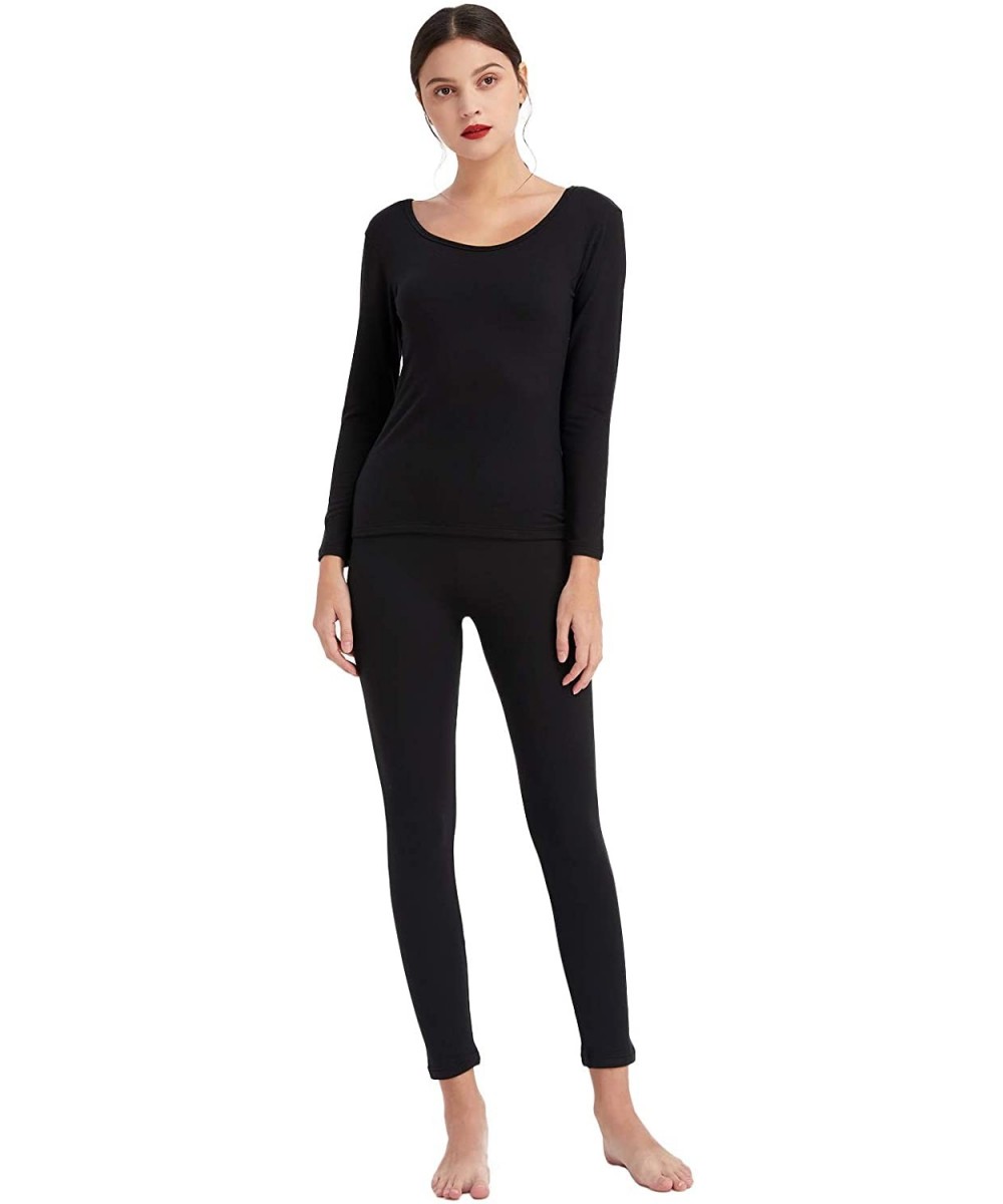 Thermal Underwear Women's Ultra Soft Fleece Lined Thermal Underwear Set Long Sleeve Top & Pants - Black - CJ18AMYZNTR