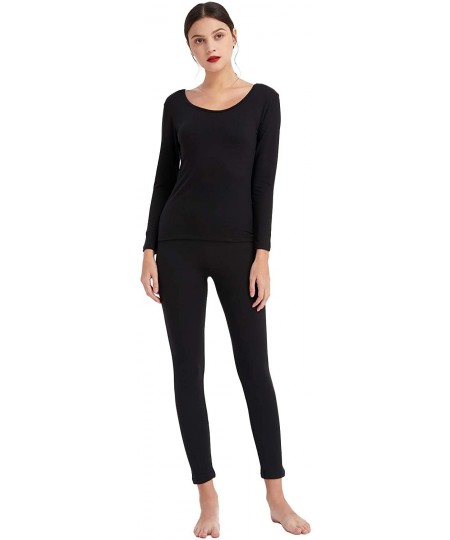 Thermal Underwear Women's Ultra Soft Fleece Lined Thermal Underwear Set Long Sleeve Top & Pants - Black - CJ18AMYZNTR