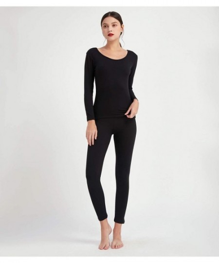 Thermal Underwear Women's Ultra Soft Fleece Lined Thermal Underwear Set Long Sleeve Top & Pants - Black - CJ18AMYZNTR