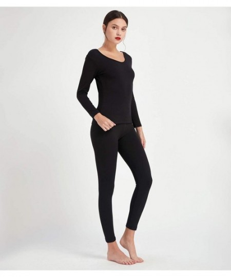 Thermal Underwear Women's Ultra Soft Fleece Lined Thermal Underwear Set Long Sleeve Top & Pants - Black - CJ18AMYZNTR