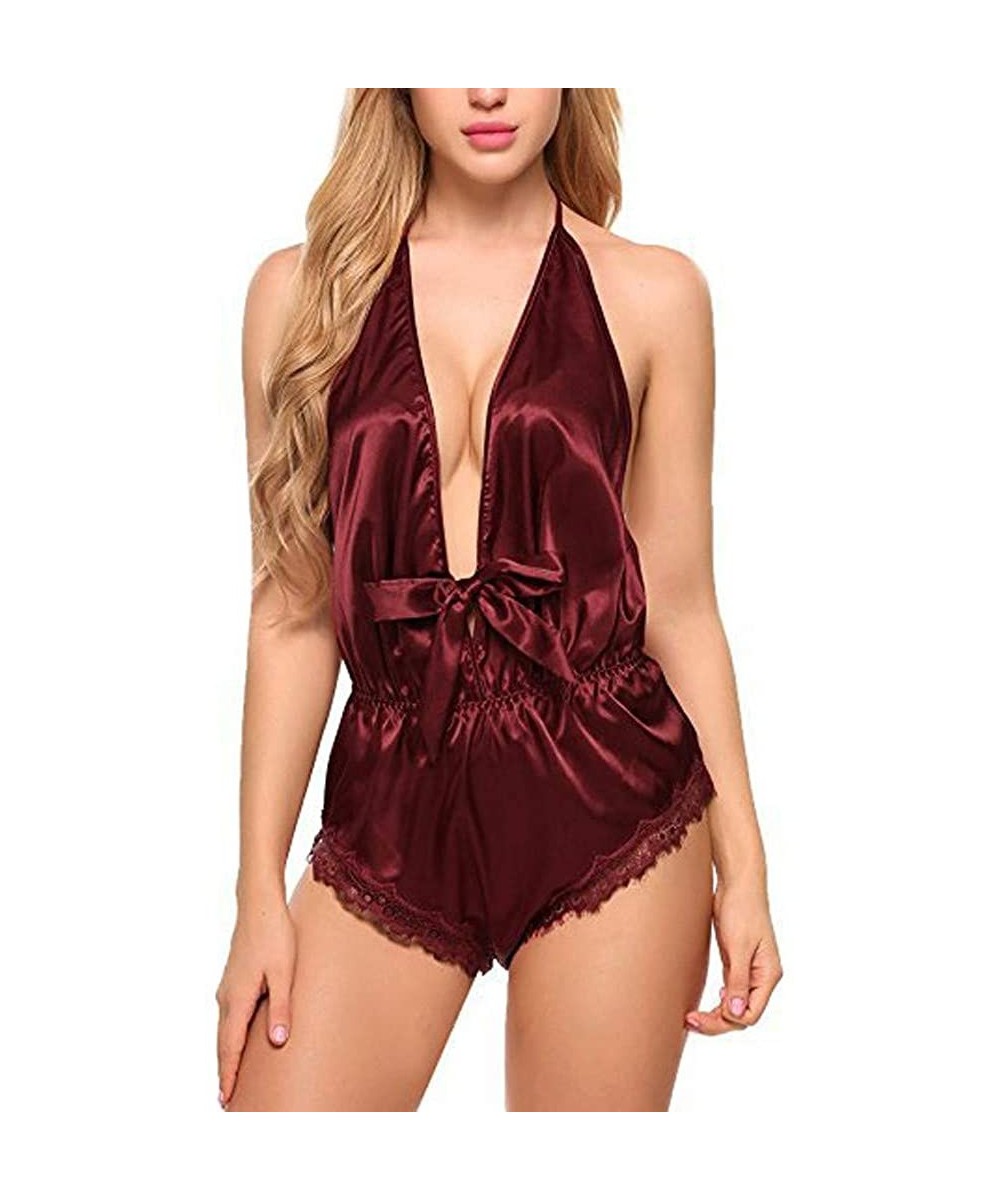 Baby Dolls & Chemises Women Satin Pajamas Ladies Sexy Deep V-Neck One Piece Teddy Halter Strap Lingerie Sleepwear - Wine - CA...