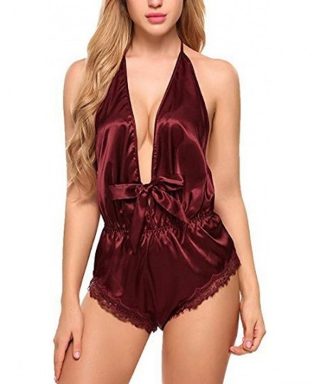 Baby Dolls & Chemises Women Satin Pajamas Ladies Sexy Deep V-Neck One Piece Teddy Halter Strap Lingerie Sleepwear - Wine - CA...