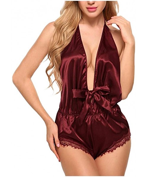 Baby Dolls & Chemises Women Satin Pajamas Ladies Sexy Deep V-Neck One Piece Teddy Halter Strap Lingerie Sleepwear - Wine - CA...