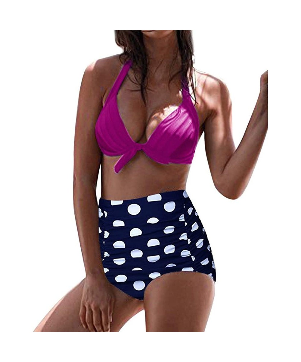 Shapewear Women's High Waist Bikini Swimwear Women's Vintage Print Beachwear Bikini Set Swimwear - B4-hot Pink - CR196M8Q9OY