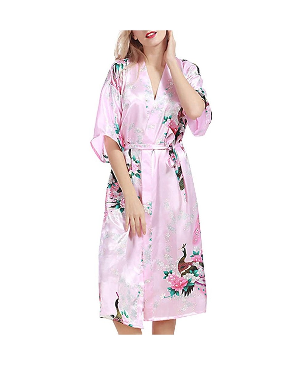 Robes Women's Flower Patterned Silk Satin Midi Kimono Robe - Lightpink - C018W4Z0AR8