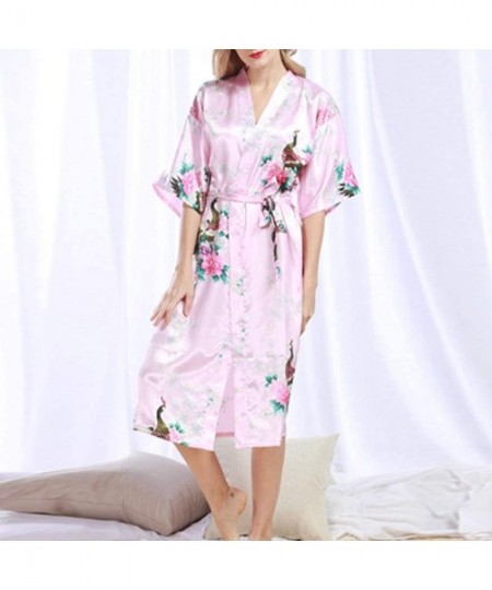 Robes Women's Flower Patterned Silk Satin Midi Kimono Robe - Lightpink - C018W4Z0AR8