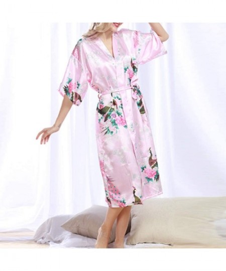 Robes Women's Flower Patterned Silk Satin Midi Kimono Robe - Lightpink - C018W4Z0AR8