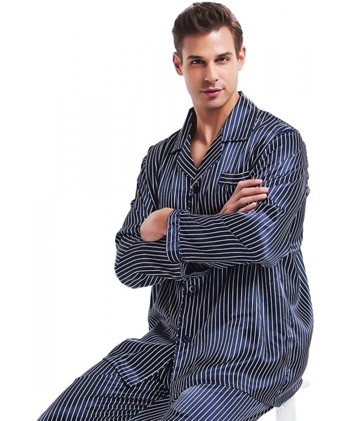 Sleep Sets Mens Silk Satin Pajamas Set Sleepwear Loungewear S~4XL Plus_Gifts - Navy Blue Strip - CJ18HTZ0E49