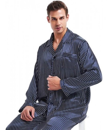 Sleep Sets Mens Silk Satin Pajamas Set Sleepwear Loungewear S~4XL Plus_Gifts - Navy Blue Strip - CJ18HTZ0E49