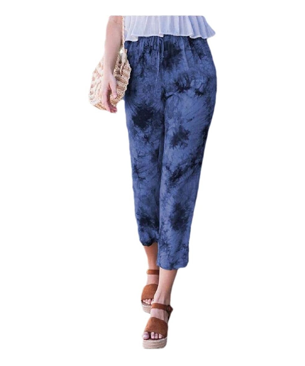 Bottoms Women Casual Loose Print Pants Tie Dye Wide Leg Palazzo Lounge Pant - Blue - CY19D3CG8OU