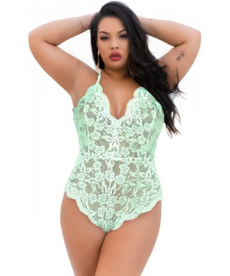 Shapewear Women Plus Size Lace Bodysuit Teddy Lingerie One Piece Babydoll Mini Bodysuit - Green - CP190HXNOTQ