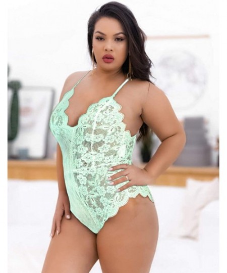 Shapewear Women Plus Size Lace Bodysuit Teddy Lingerie One Piece Babydoll Mini Bodysuit - Green - CP190HXNOTQ