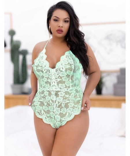 Shapewear Women Plus Size Lace Bodysuit Teddy Lingerie One Piece Babydoll Mini Bodysuit - Green - CP190HXNOTQ