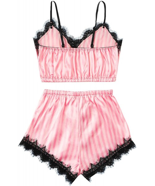 Sets Women's Lace Trim Satin Cami Top with Shorts Pajama Set Sleepwear - Pink2 - CJ198R4EXGN