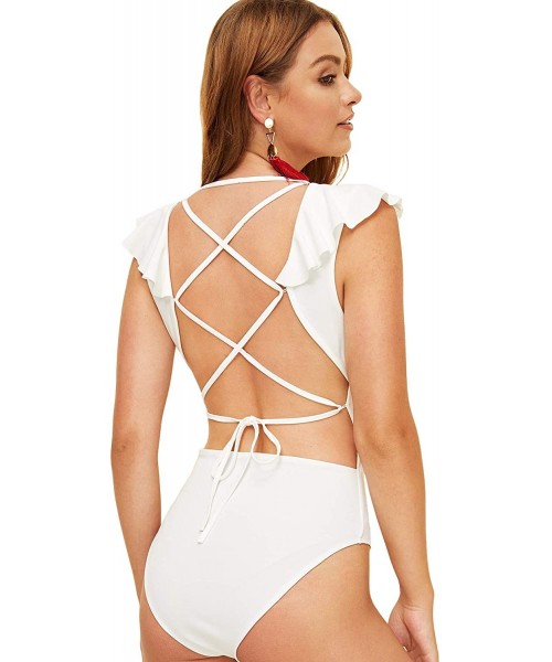 Shapewear Women's Elegant Criss Cross Ruffle Backless Mid Waist Skinny Bodysuit - White - C818R5NEQXX