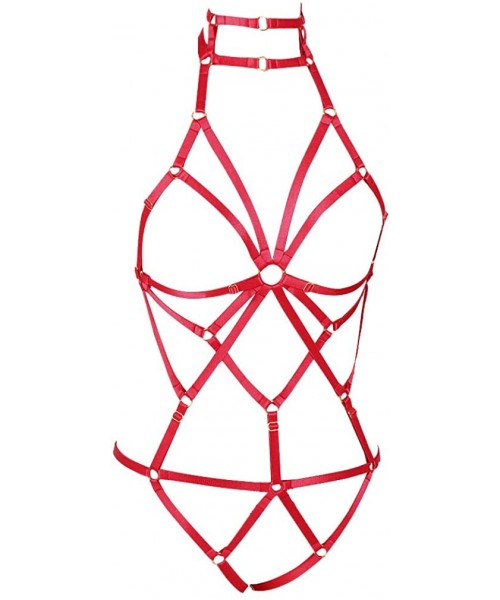 Garters & Garter Belts Women's Punk Body Harness Lingerie Full Waist Garter Belts Set Strappy Frame Cage Rave Bras - Red - C5...