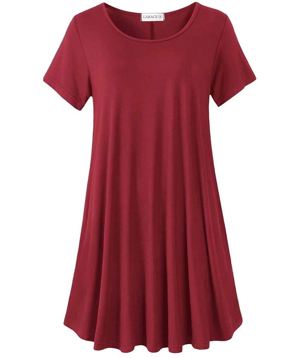 Nightgowns & Sleepshirts Women's Short Sleeve Swing Tunic Casual Pockets Loose T Shirt Dress - Wine Red - CU18SSXYGNR