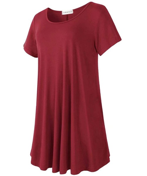 Nightgowns & Sleepshirts Women's Short Sleeve Swing Tunic Casual Pockets Loose T Shirt Dress - Wine Red - CU18SSXYGNR