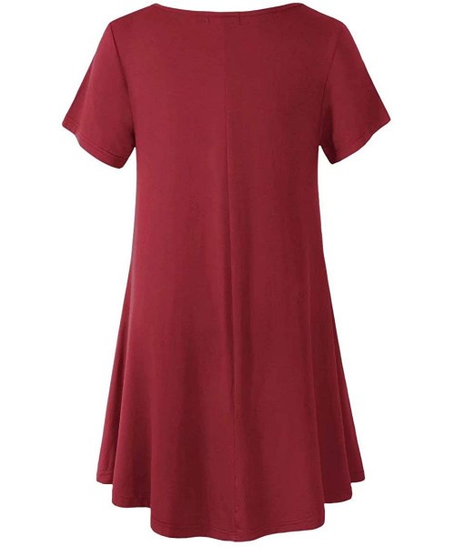 Nightgowns & Sleepshirts Women's Short Sleeve Swing Tunic Casual Pockets Loose T Shirt Dress - Wine Red - CU18SSXYGNR