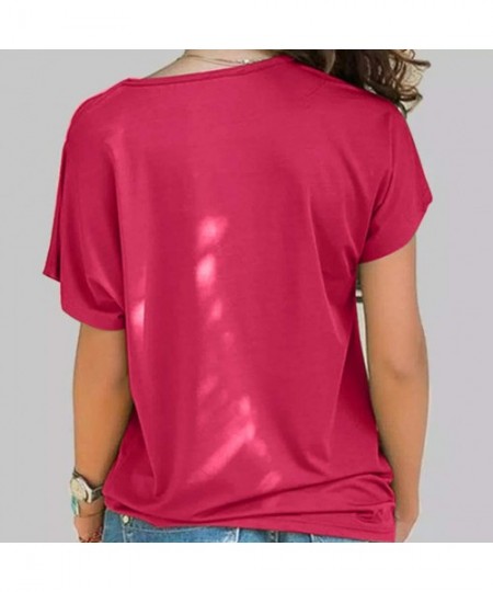 Tops Cross Shoulder T-Shirt- Ladies Casual Irregular Short Sleeve Blouse top - J-hot Pink - CL1944RKWZT