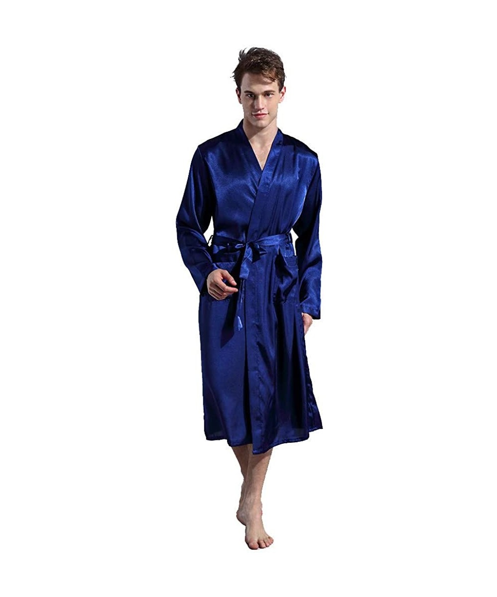 Sleep Sets Men Simulation Silk Sleepwear Long Section Long Sleeves Nightwear Home Service Thin Pajamas - Blue - CE18TOQT08Z