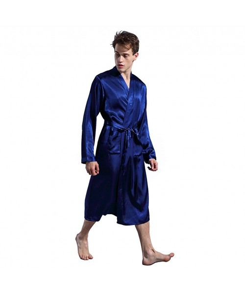 Sleep Sets Men Simulation Silk Sleepwear Long Section Long Sleeves Nightwear Home Service Thin Pajamas - Blue - CE18TOQT08Z