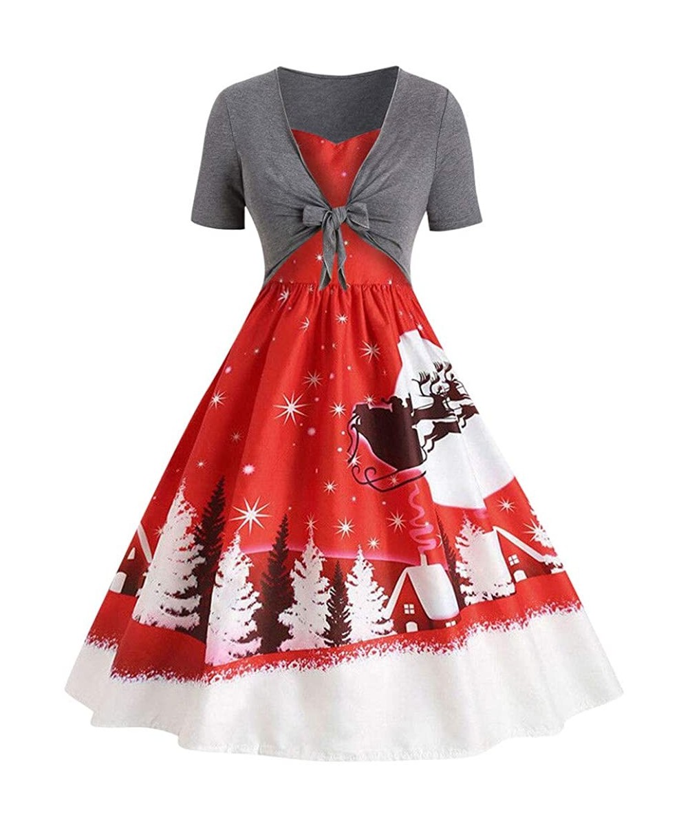 Slips Women's Vintage Dresses Christmas Printed Short Sleeve Bow Knot A-Line Swing Dress Cardigan Suit - Gray - CE18Z4GUKC7