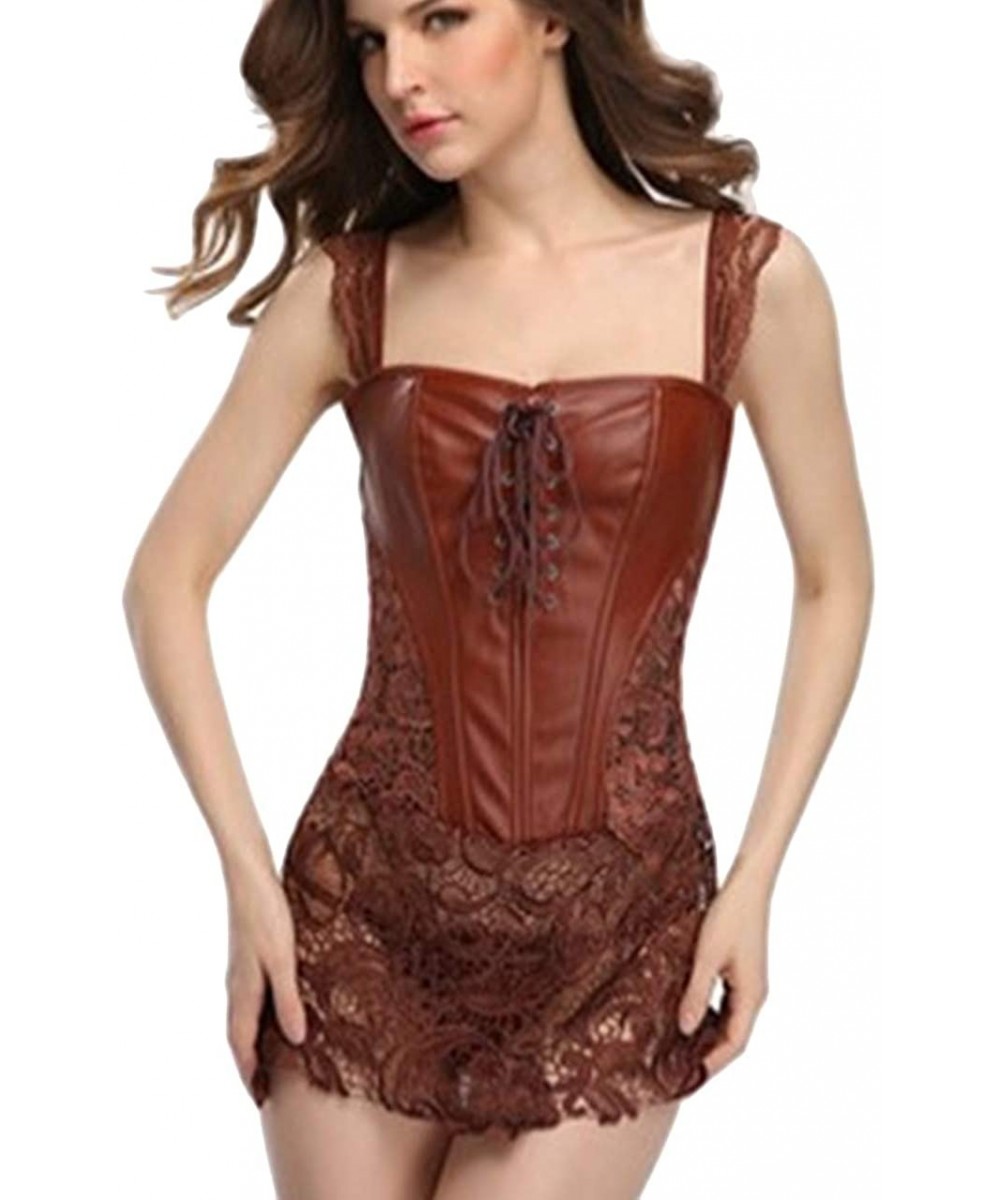 Bustiers & Corsets Women Faux Leather Overbust Bustier Sexy Lace-up Boned Steampunk Corset Shapewear Plus Size - Brown - C619...