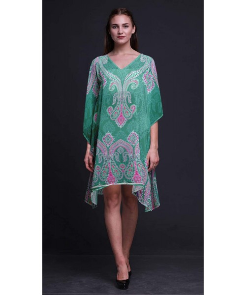 Nightgowns & Sleepshirts Green Floral & Paisley Beach Kaftan Bikini Cover up Women Midi Dress Short Caftan - Teal Green - CZ1...