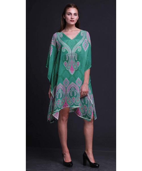 Nightgowns & Sleepshirts Green Floral & Paisley Beach Kaftan Bikini Cover up Women Midi Dress Short Caftan - Teal Green - CZ1...