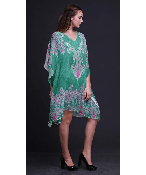 Nightgowns & Sleepshirts Green Floral & Paisley Beach Kaftan Bikini Cover up Women Midi Dress Short Caftan - Teal Green - CZ1...