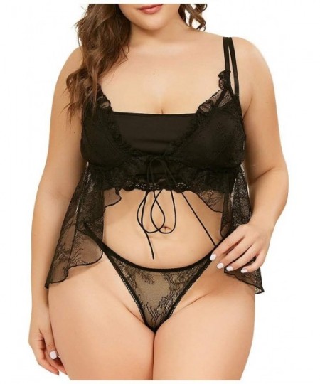 Camisoles & Tanks Plus Size Underwear Lace 2 Pieces Woman Sexy Lingerie Transparent Underwear + Underpants - Black - C319832DOS6