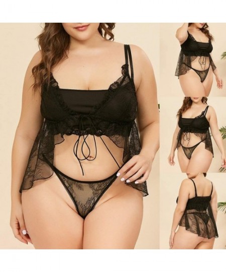 Camisoles & Tanks Plus Size Underwear Lace 2 Pieces Woman Sexy Lingerie Transparent Underwear + Underpants - Black - C319832DOS6