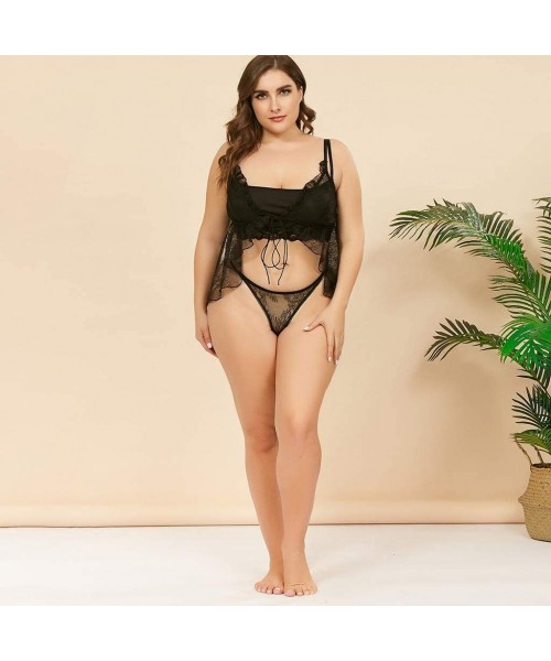 Camisoles & Tanks Plus Size Underwear Lace 2 Pieces Woman Sexy Lingerie Transparent Underwear + Underpants - Black - C319832DOS6