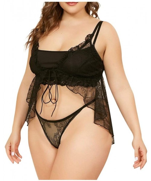 Camisoles & Tanks Plus Size Underwear Lace 2 Pieces Woman Sexy Lingerie Transparent Underwear + Underpants - Black - C319832DOS6