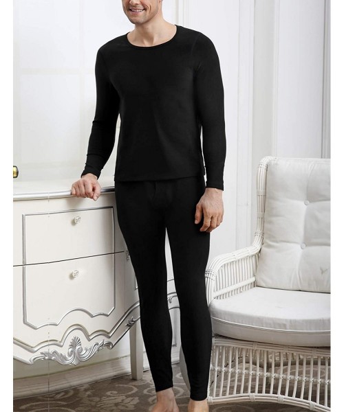 Thermal Underwear Men's Cotton Thermal Underwear Set Heavyweight Long Johns Fleece Lined - Black - C818X07H7ED