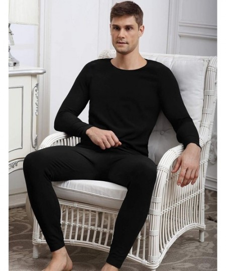 Thermal Underwear Men's Cotton Thermal Underwear Set Heavyweight Long Johns Fleece Lined - Black - C818X07H7ED