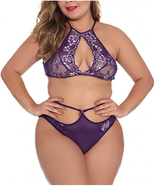 Shapewear Sexy Bra and Panty Set See Through Underwear Floral Lace Sheer Lingerie Set 2 Piece Outfits Lace - Purple-a - CW18U...